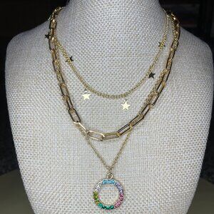 Gold Three-Layered Necklace with Gemstone Pendant